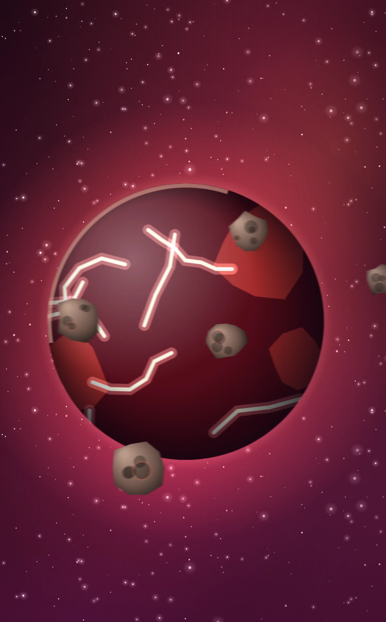 Crimson Nebula, a cracked red planet with asteroids